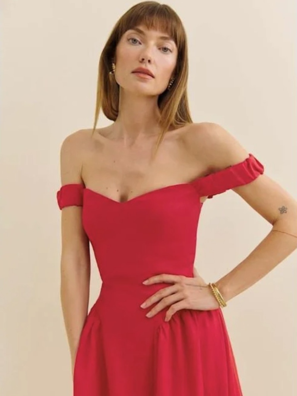 Reformation Off-Shoulder Midi Dress in Red